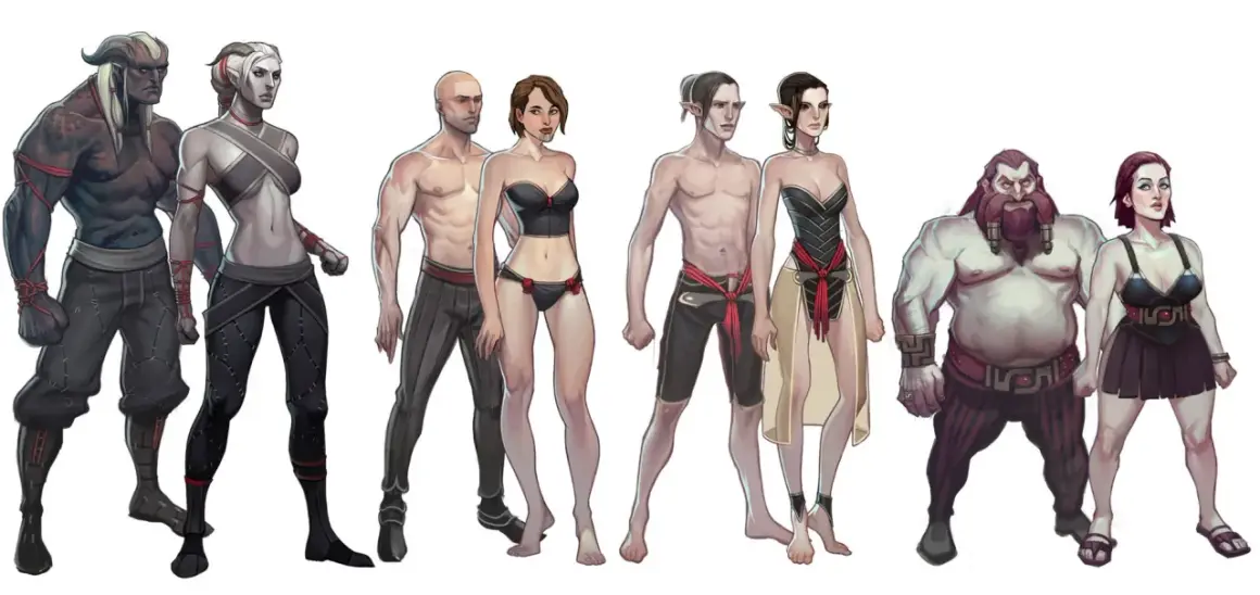 Postacie z Dragon Age: Inquisition – Qunari, ludzie, elfy i krasnoludy w zbrojach i strojach.