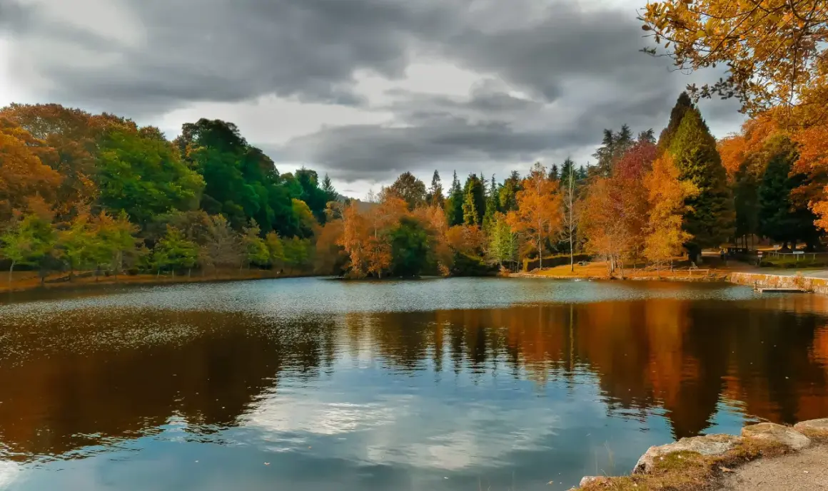 Reflejos otoñales en el lago Castiñeiras, con árboles de colores vibrantes y un cielo nublado.
