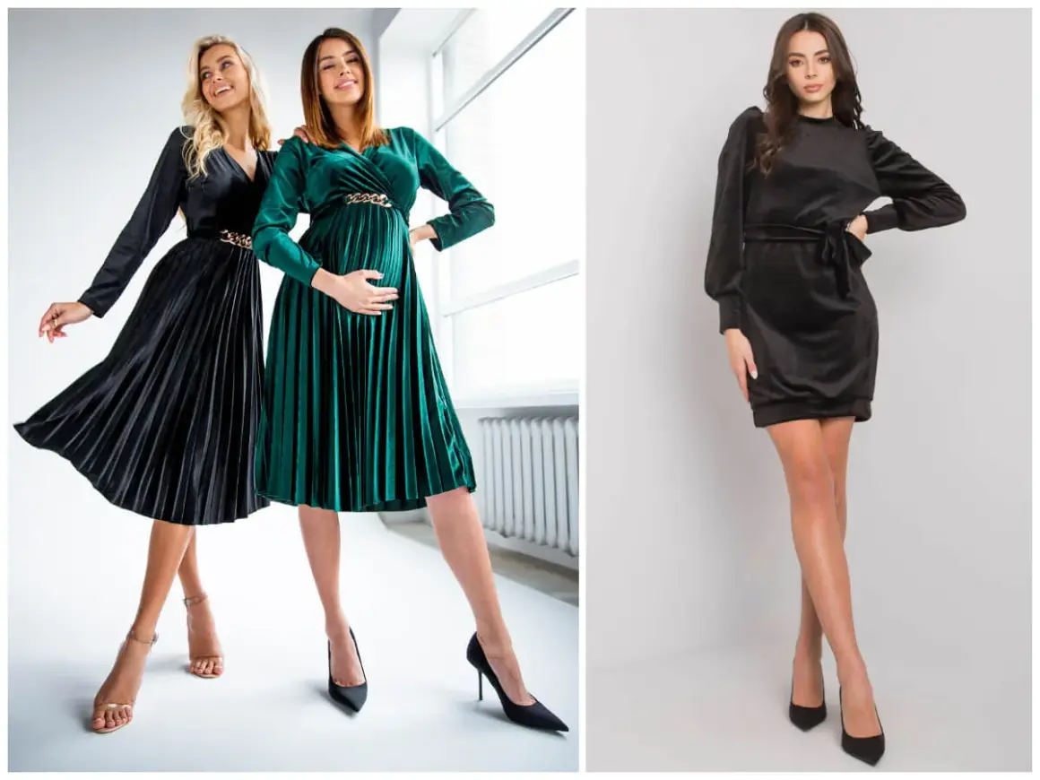 Elegancka sukienka welurowa plus size w kolorze zielonym i czarnym. Dwie kobiety prezentują modele z plisowanym dołem i złotym zdobieniem.