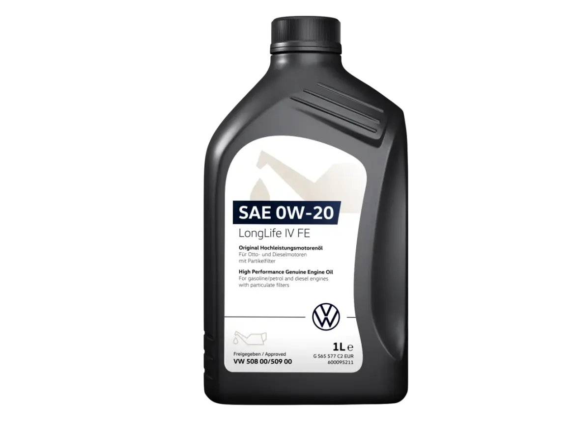 Schwarze Ölflasche mit SAE 0W-20 LongLife IV FE Aufschrift und VW-Logo.