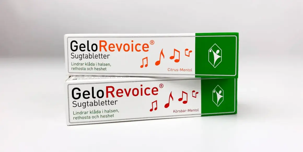 Två GeloRevoice-paket, en mirakelkur mot heshet och halsont. Citrus-Mentol och Körsbär-Mentol.