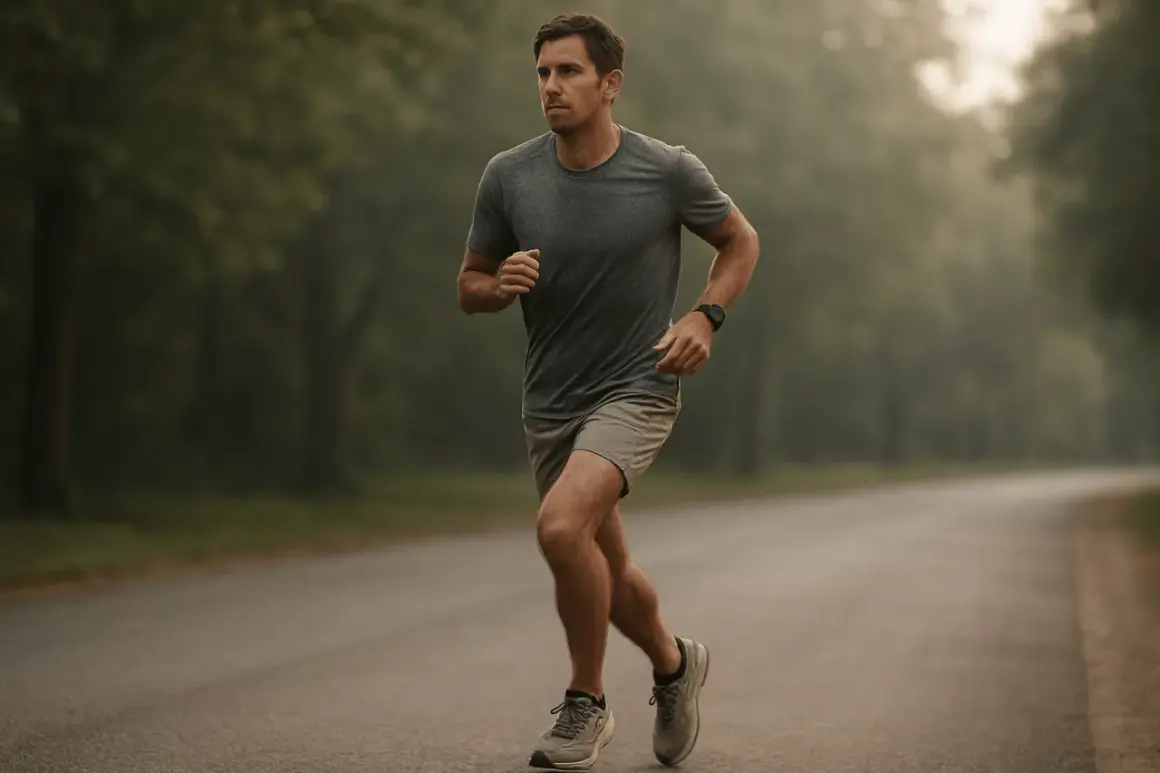 Un homme court sur une route brumeuse, déterminé à battre son record personnel de 10 km, même à 70 ans.