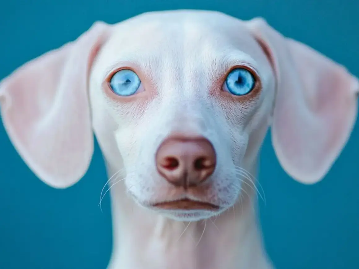 Un teckel albino con hipnotizantes ojos azules mira fijamente. Su pelaje blanco y sus orejas caídas contrastan con el fondo azul vibrante.
