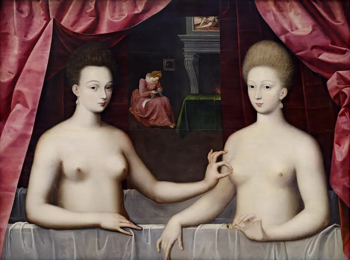 Gabrielle d'Estrées and one of her sisters, nude, with a servant in the background. One sister offers a ring to the other.