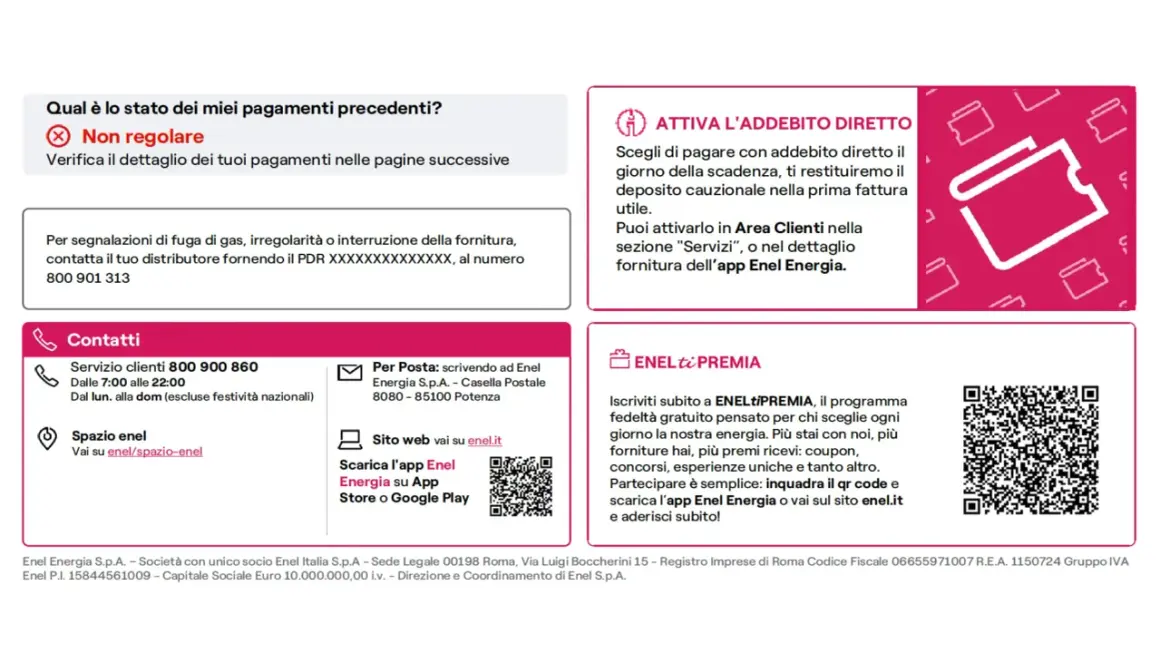 Pagamenti non regolari, verifica le bollette. Attiva l'addebito diretto per comodità. Contatti e promozioni Enel.