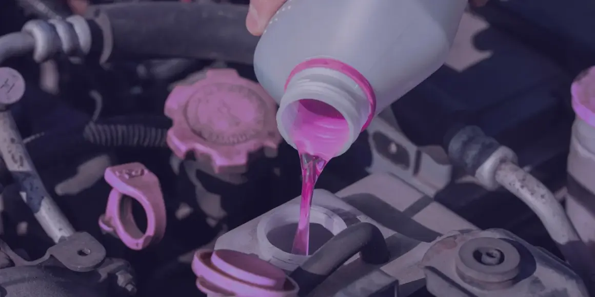 Vertiendo líquido rosa, ya sea anticongelante orgánico o inorgánico, en el motor de un coche.