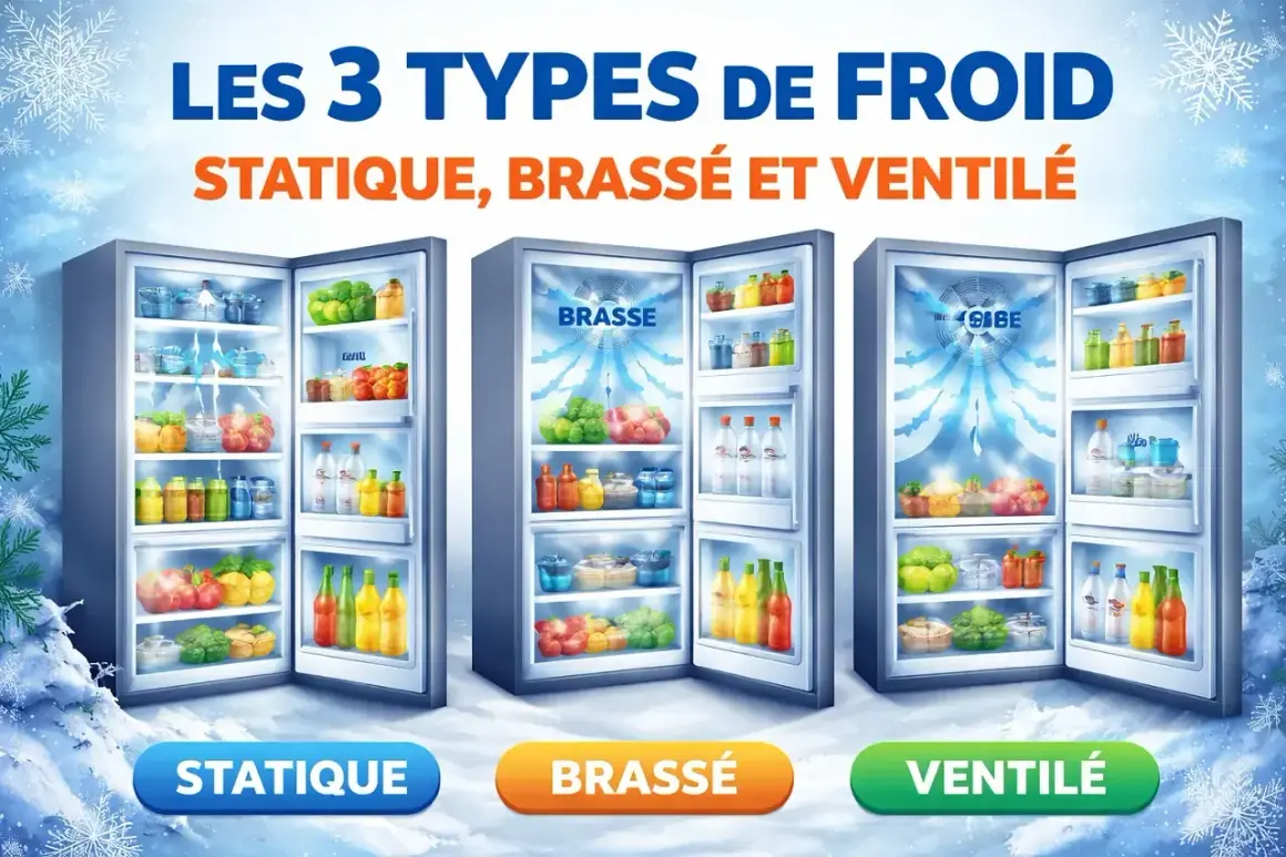 Trois réfrigérateurs ouverts présentent leurs compartiments remplis de fruits et légumes frais. Le froid ventilé est illustré par des flux d'air bleus.