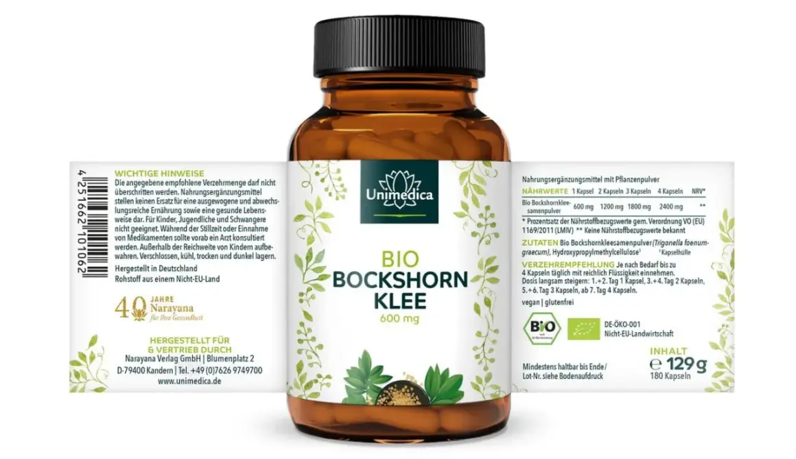 Flasche mit Bio Bockshornklee Kapseln. Die Inhaltsstoffe sind auf dem Etikett aufgeführt, darunter Bio Bockshornkleesamenpulver.