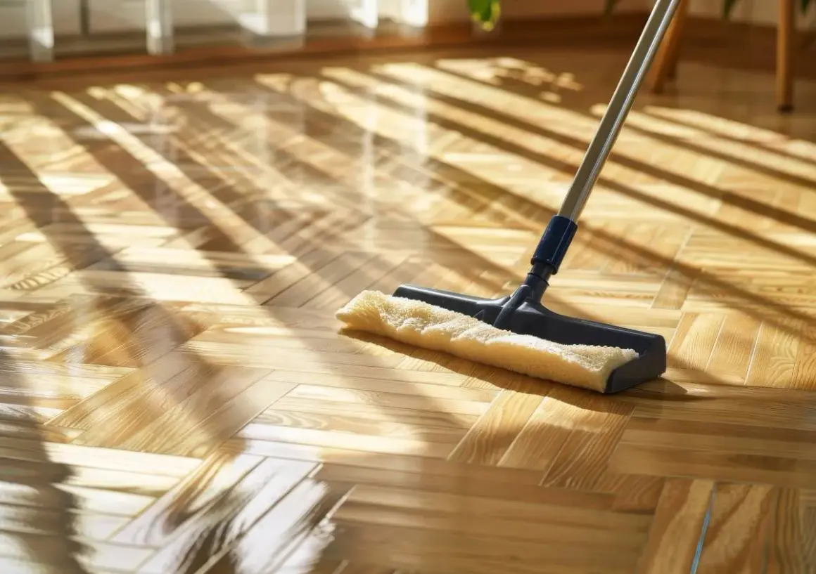 Un mocio lucida un parquet a spina di pesce, illuminato da raggi di sole che creano un gioco di luci e ombre. Scopri come lucidare il parquet per un risultato splendente.