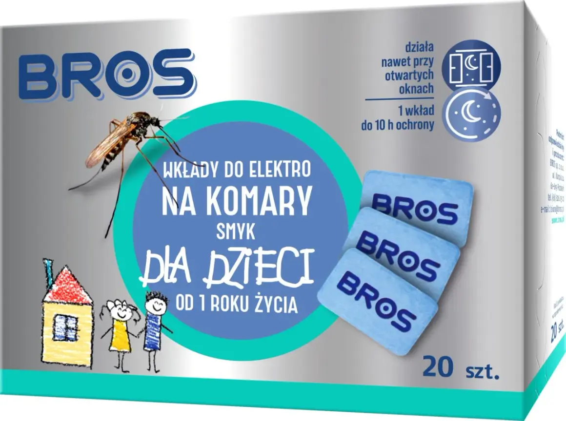 Bros wkłady do elektro na komary dla dzieci, chronią dom przed owadami przez 10h. Opakowanie zawiera 20 sztuk.