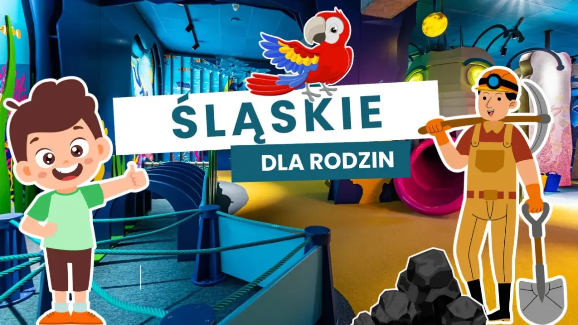 Śląskie atrakcje dla dzieci: wesoły chłopiec i górnik zapraszają do zabawy.
