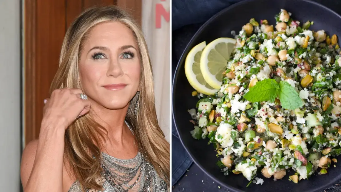 Jennifer Aniston sallad recept: en närbild på skådespelerskan och en skål med en fräsch quinoa-sallad med kikärtor, fetaost och pistagenötter.