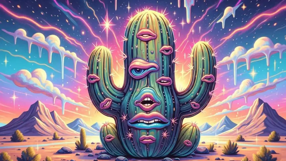 Surreal desert landscape with a cactus face, evoking the psychedelic meskalina działanie. Kolorowe chmury i góry w tle.
