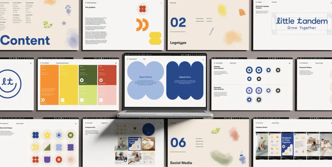 Screenshots of a brand bible presentation, showcasing color palettes, geometric shapes, logotype variations, and social media mockups for "little tandem.