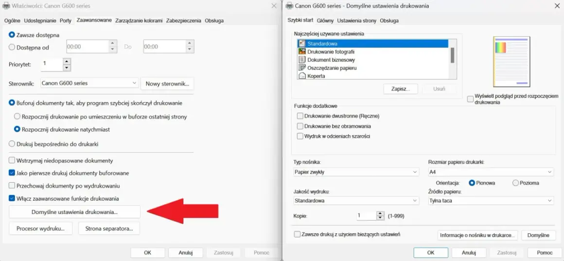 Ustawienia drukowania Canon G600 series. Sprawdź, dlaczego drukarka Brother drukuje puste kartki, przeglądając opcje buforowania i zaawansowane funkcje drukowania.