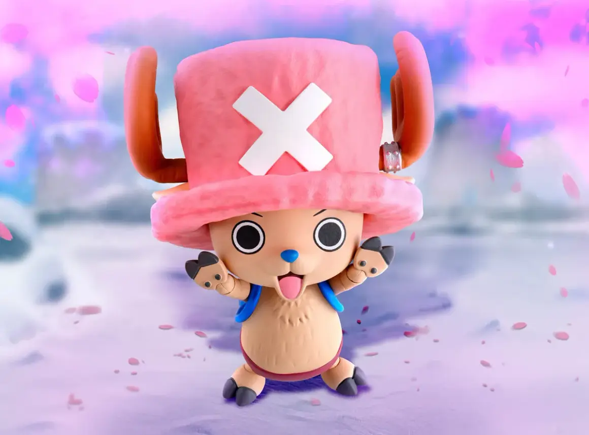 Tony Chopper, der süße Rentier-Arzt aus One Piece Staffel 3, winkt fröhlich in einer rosafarbenen Blütenpracht.