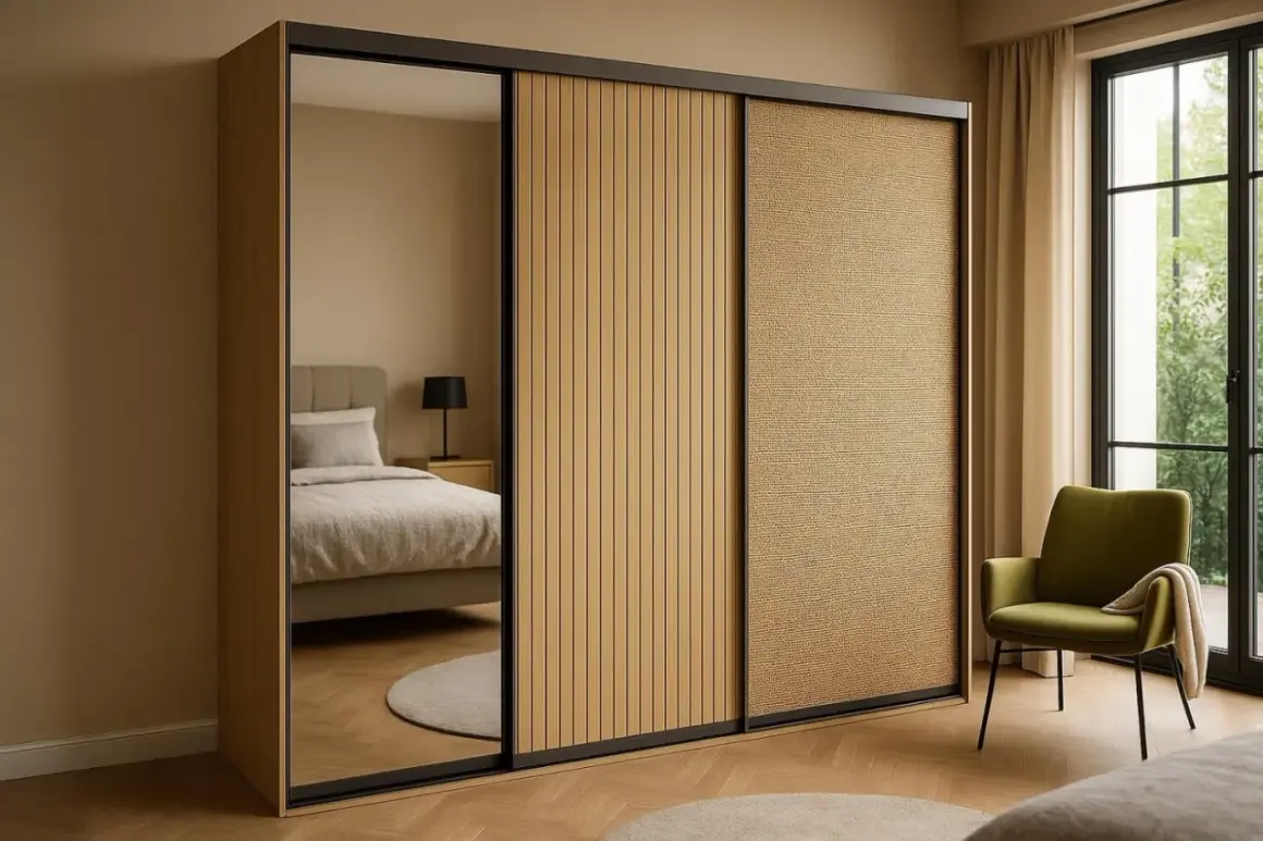 Un placard coulissant avec une porte miroir, une porte à lamelles de bois et une porte en cannage. Idéal pour relooker une chambre.