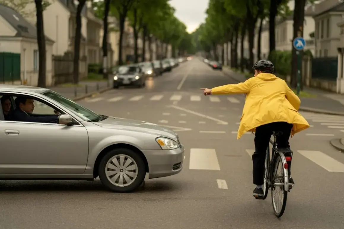 Cycliste en jaune, pointant le doigt, rappelle la règle de la priorité à droite. Une voiture s'arrête.