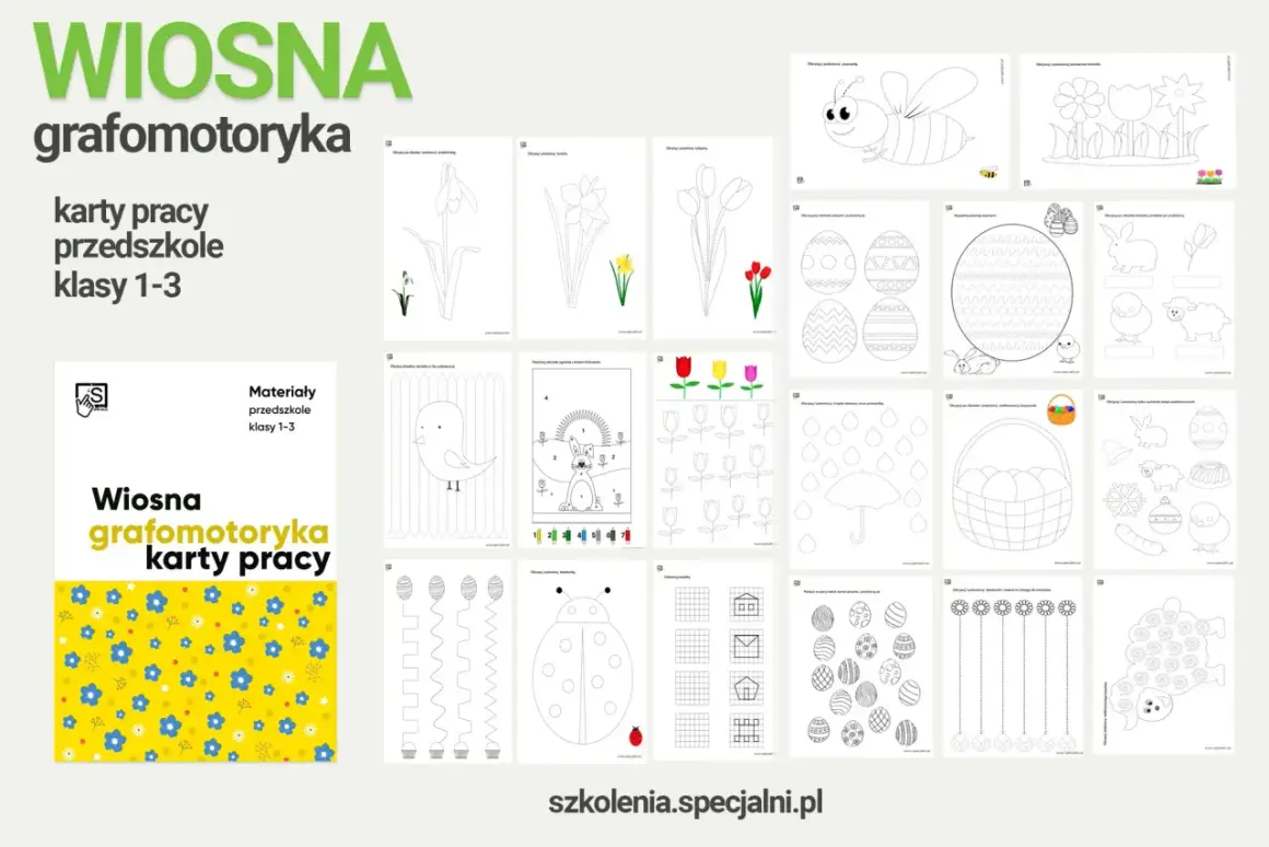 Wiosna grafomotoryka: ćwiczenia ruchowe dla przedszkolaków i klas 1-3. Karty pracy z motywami wiosennymi, zwierzętami i pisankami.