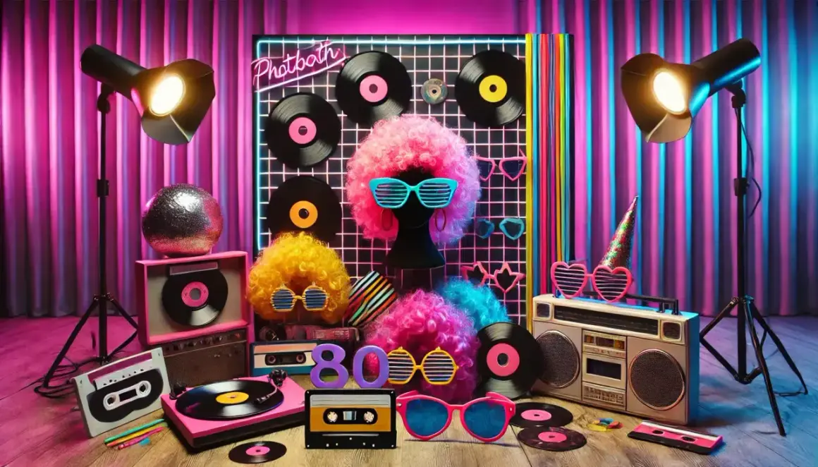 Accessoires colorés pour une **soirée 80** : perruques, vinyles, lunettes flashy et boombox. Préparez-vous à danser !