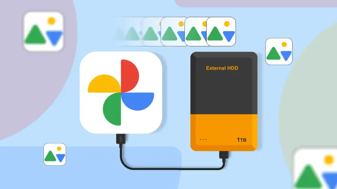 Illustrates the transfer of Google Photos to an external HDD, showing the Google Photos logo connected to the drive with images flowing.