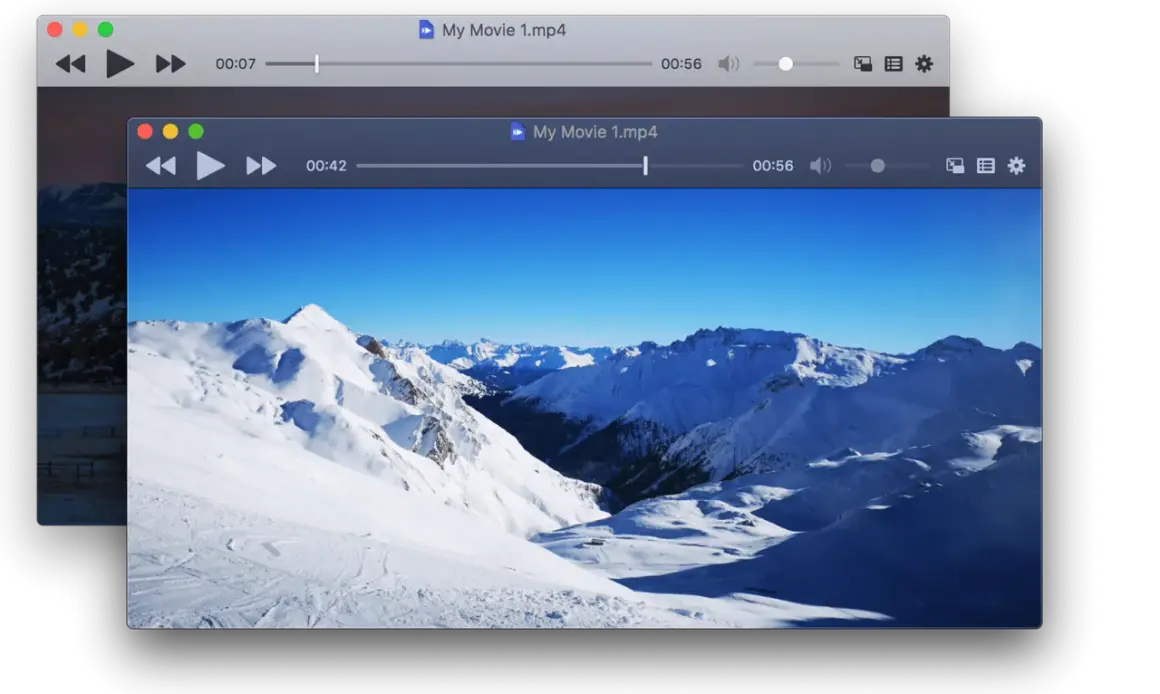 Two iina windows display a snowy mountain landscape. The front window shows a movie player with a ski resort scene.