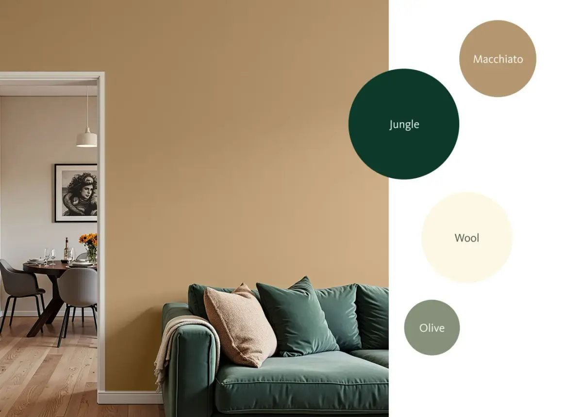 Ein Wohnzimmer mit einem grünen Sofa und Kissen, das durch moderne Farben wie Macchiato, Jungle, Wool und Olive inspiriert ist.
