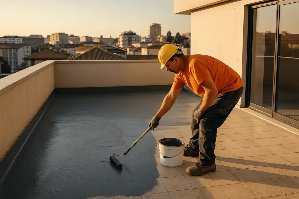 Operaio con casco giallo applica prodotto per impermeabilizzazione terrazzo con rullo. La città sullo sfondo al tramonto.