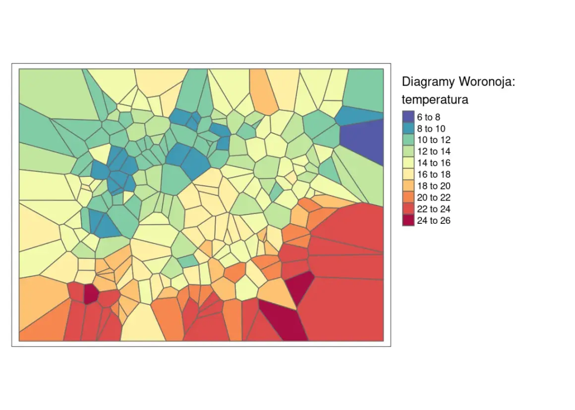 Diagram Woronoja pokazujący interpolację temperatury. Obszary o niższych temperaturach są niebieskie, a o wyższych czerwone.