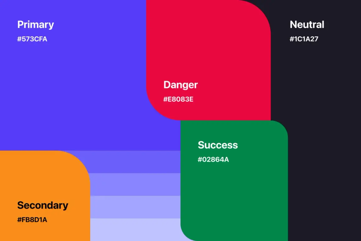 A vibrant color palette for app design: primary blue, secondary orange, danger red, success green, and neutral dark gray.
