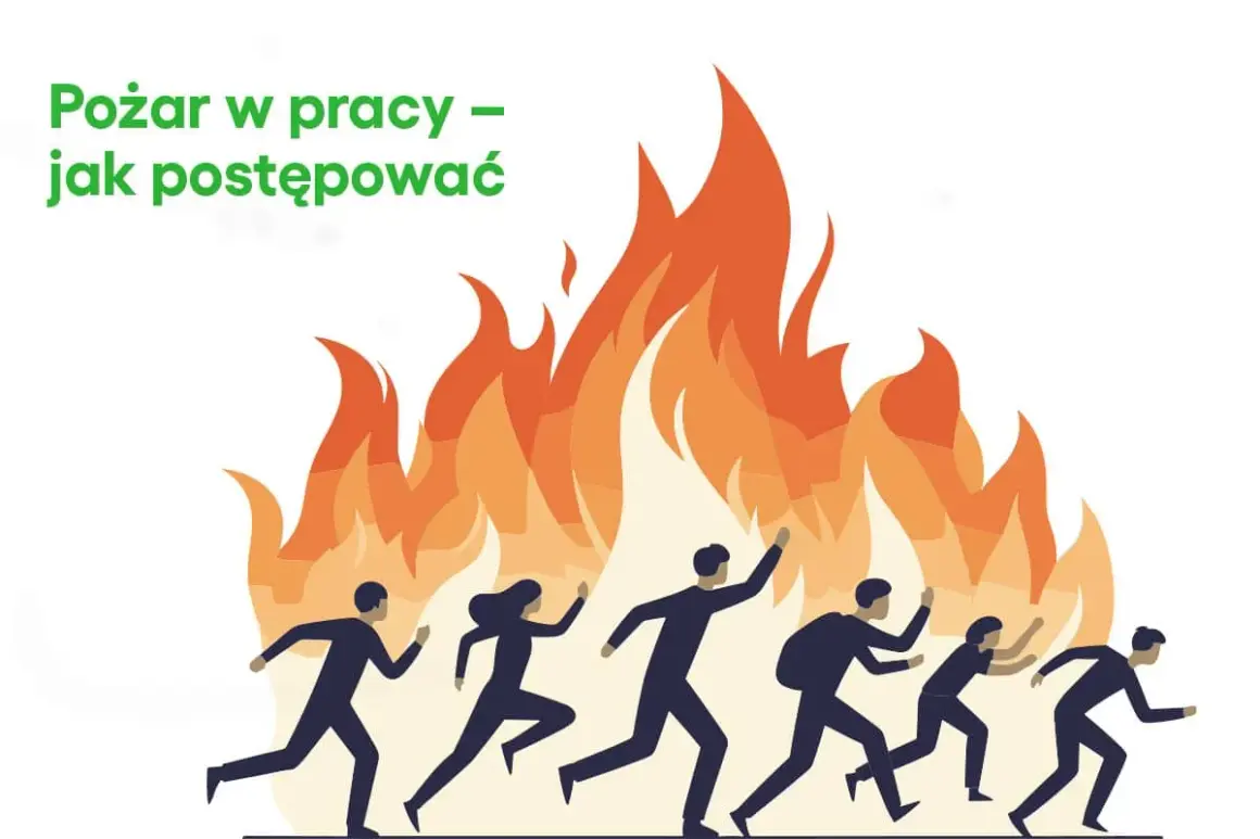 W przypadku zauważenia pożaru pracownik jest zobowiązany do ewakuacji. Ludzie uciekają przed płomieniami.