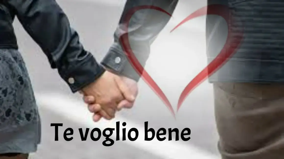Mani che si stringono, un cuore rosso e la scritta "Te voglio bene assaje significato". Un amore profondo.