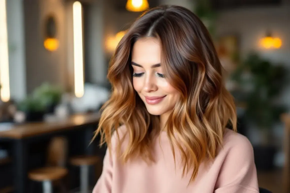 Une femme souriante avec une belle coloration sans effet racine, ses cheveux châtain clair se fondent harmonieusement en reflets miel.