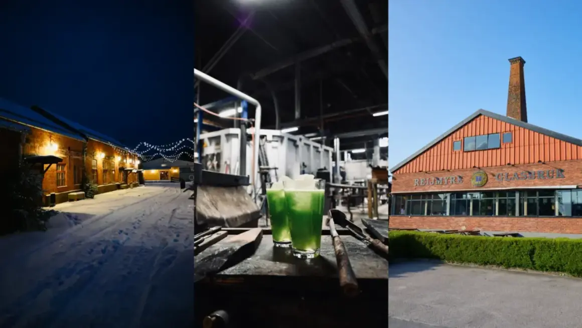 Vinterkväll vid Rejmyre hantverksby, gröna drinkar i en verkstad och Rejmyre Glasbruks fasad.
