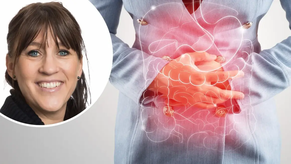 Kvinna med blå ögon ler, hennes mage visas med en illustration av tarmarna som lyser rött, vilket symboliserar besvär med colon irritabile.
