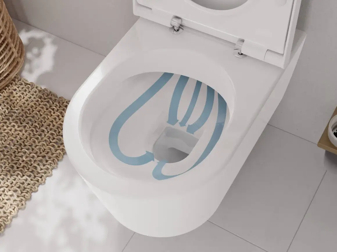 Biała miska WC z widocznym schematem przepływu wody w kolorze niebieskim.
