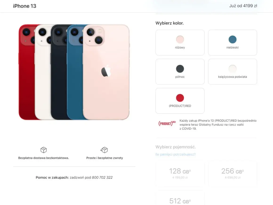 Pięć iPhone'ów 13 w różnych kolorach: czerwony, biały, granatowy, niebieski i różowy. Aparat iPhone 13 robi świetne zdjęcia.