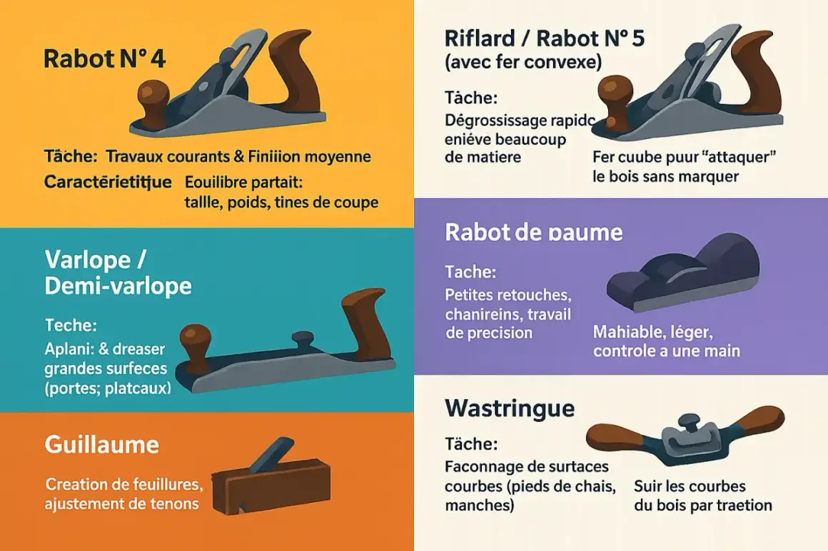 Illustration des différents types de rabots : Rabot N°4, Varlope, Guillaume, Riflard, Rabot de paume, Wastringue.