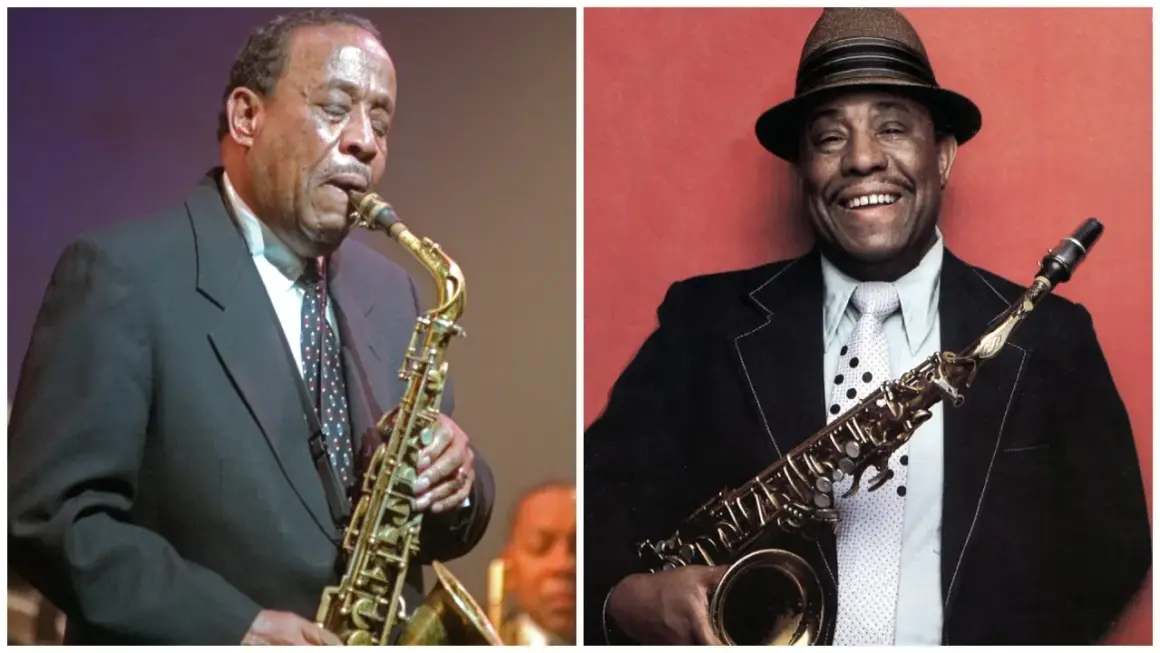 Due sassofonisti jazz, uno con gli occhi chiusi mentre suona, l'altro sorridente con un cappello.