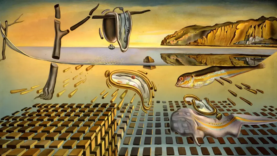 Melting clocks, a fish, and barren trees evoke the surreal Dali meaning of time's fluidity and decay in a dreamlike landscape.