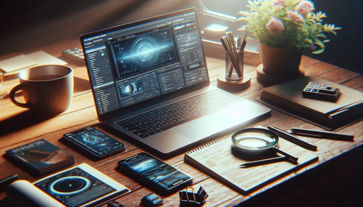 Na biurku leży otwarty laptop z zaawansowanym interfejsem, obok kubek kawy, telefony i lupa. To idealne miejsce, by dowiedzieć się, jak uruchomić laptopa.