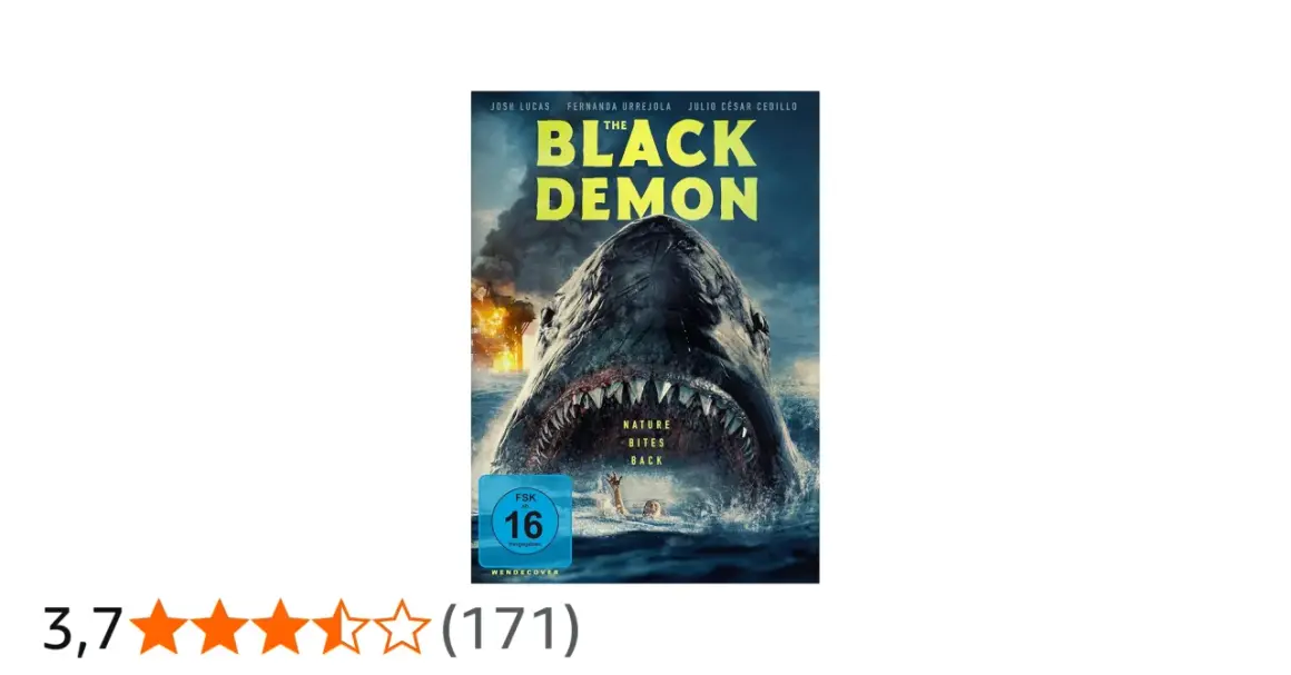 Ein riesiger Hai, "the black demon", bricht aus dem Wasser, um eine Ölplattform anzugreifen. Ein Mensch kämpft ums Überleben.