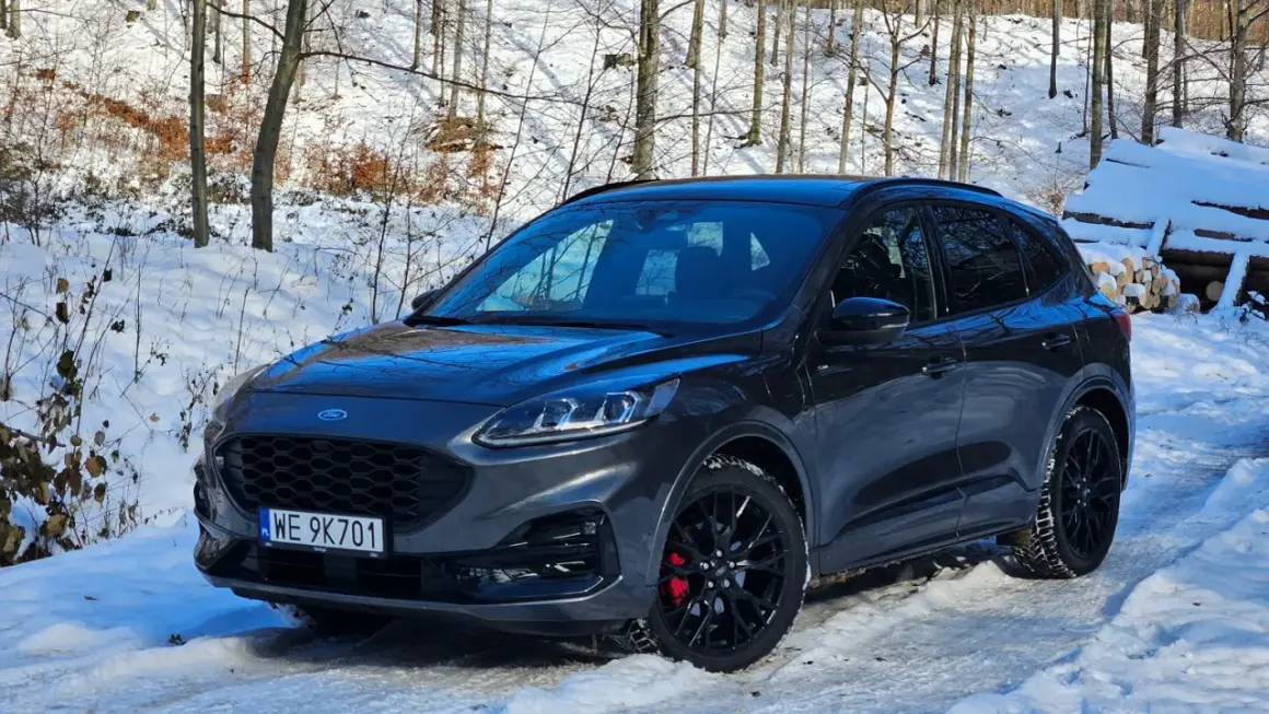Ford Kuga usterka silnika brak mocy. Ciemnoszary SUV stoi w zimowym lesie, na śniegu.