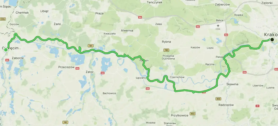 Mapa z zaznaczoną zieloną linią przedstawiającą wiślaną trasę rowerową GPX, prowadzącą od Oświęcimia do Krakowa.