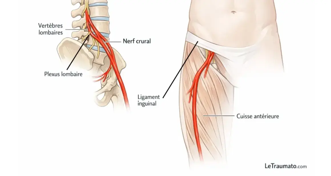 Anatomie du nerf crural, montrant le plexus lombaire et son trajet vers la cuisse. Utile pour le signe cruralgie test.