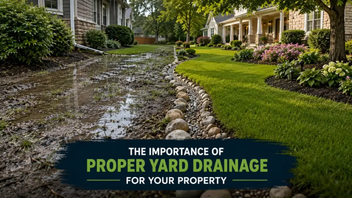Muddy, waterlogged yard contrasts with a well-drained side, highlighting how to level a yard for proper drainage.