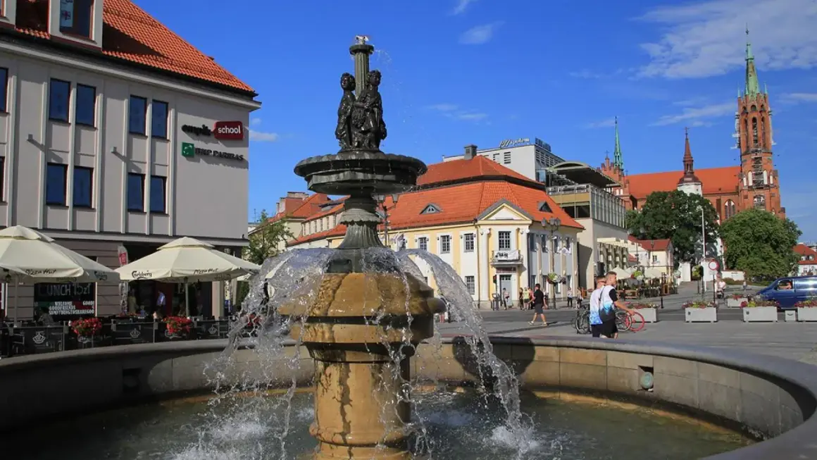 Fontanna na Rynku Kościuszki w Białymstoku, w tle kamienice i katedra.