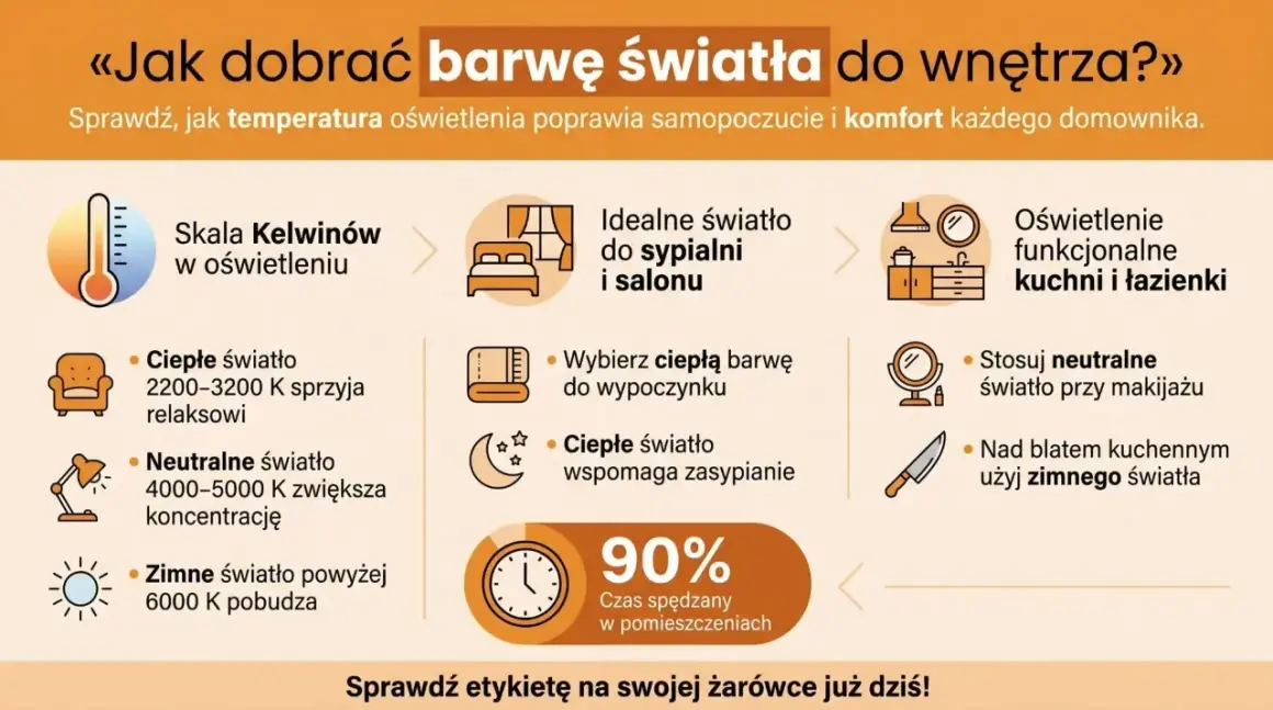 Infografika o doborze barwy światła. Ciepłe światło sprzyja relaksowi, neutralne koncentracji, a zimne pobudza. Wybierz najzdrowsza barwę światła dla siebie.