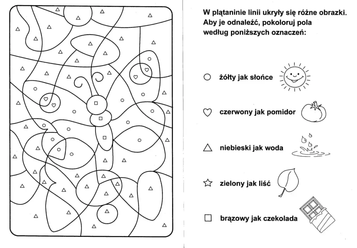 Karnawał karty pracy przedszkole: pokoloruj motyla według symboli. Koło to żółty jak słońce, serce czerwony jak pomidor, trójkąt niebieski jak woda.