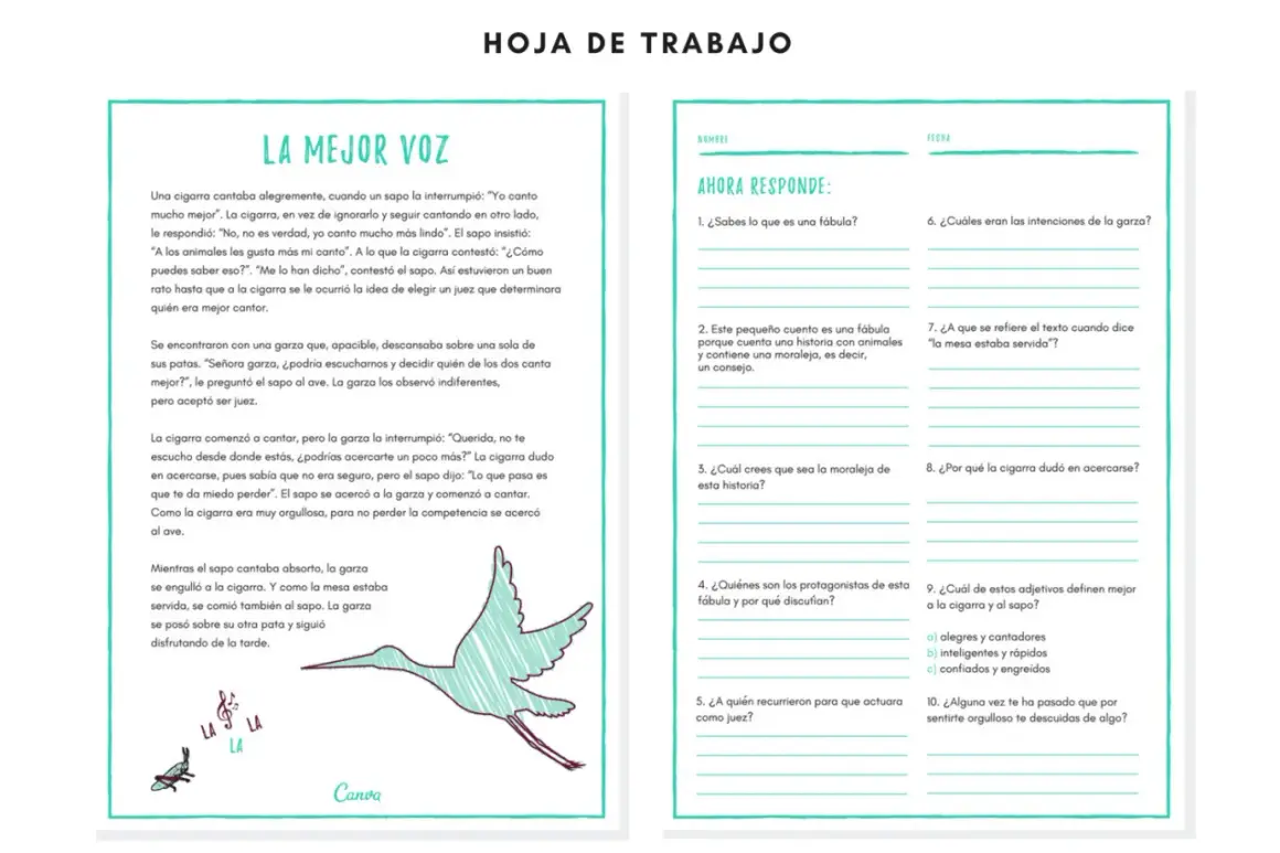 Hoja de trabajo para comprensión lectora 4 primaria. Fábula "La mejor voz" con preguntas para imprimir.